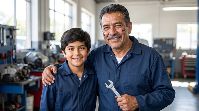Portrait of a proud Hispanic mechanic father and his son smiling in an auto repair shop, concept for Labor Day and International Men's Day