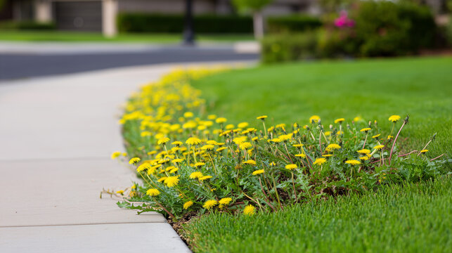 Border of a well‑tended lawn sprouting vivid yellow dandelions and native wild blossoms