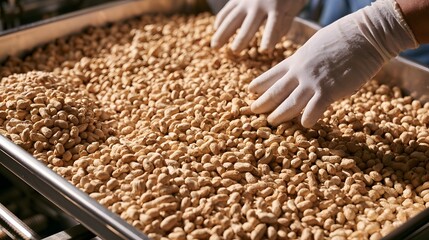 Obraz premium Gloved hands sorting roasted peanuts on stainless steel tray in food processing facility.