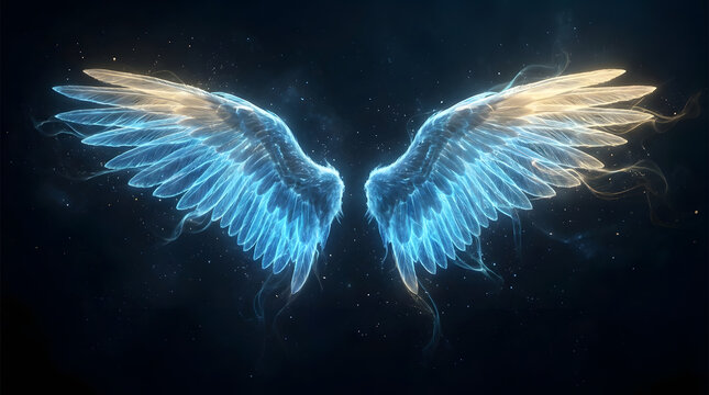 Glowing blue angel wings with radiant energy for celestial designs, holiday themes, and spiritual concepts in ethereal visuals.