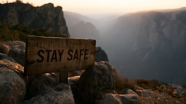 Stay safe warning sign on rocky mountain trail at sunset.