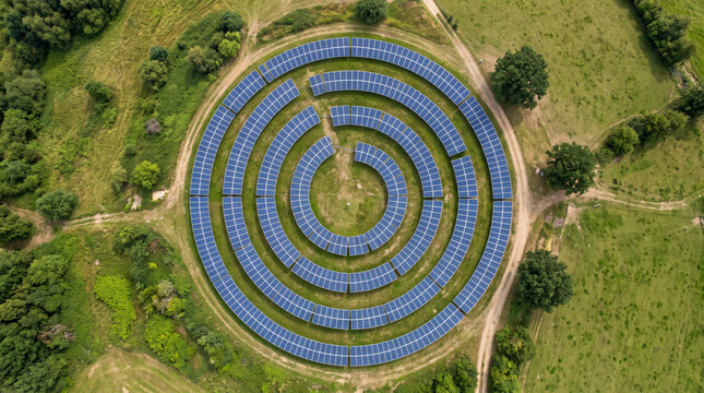 Aerial Solar Panel Spiral in Rural Green Landscape