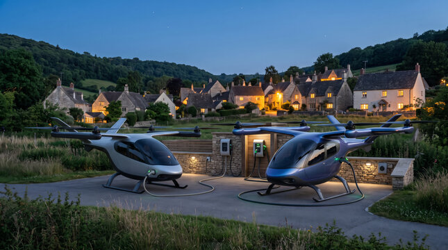 Electric Air Taxi Station with Taxis at a Rural Village Charging Station