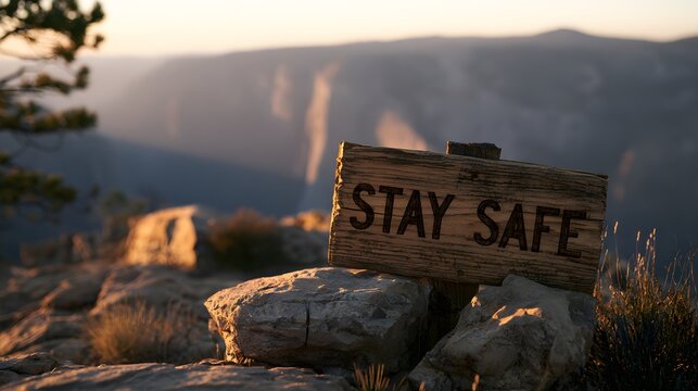 Stay safe warning sign on rocky mountain trail at sunset.