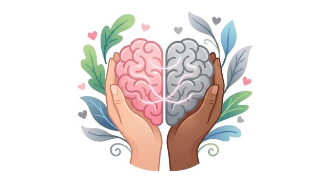 Two diverse hands holding brain halves together representing mental health, unity, and emotional care.