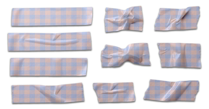 Set of blue and white gingham patterned adhesive tape strips isolated on transparent background