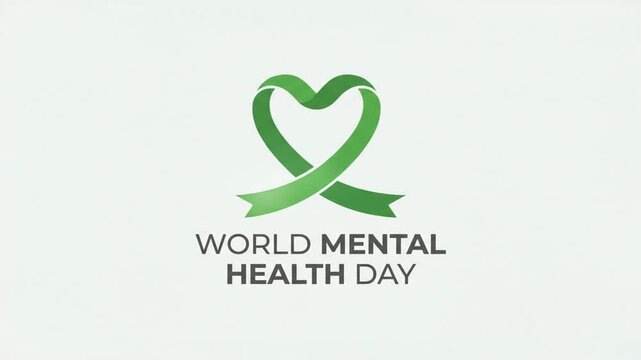 World Mental Health Day typography with green heart ribbon symbol on light background.