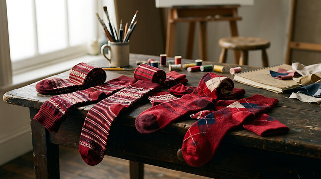A collection of red patterned socks laid out on a rustic wooden surface, showcasing textile designs and crafting materials