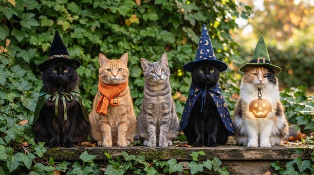 Five adorable cats wearing festive Halloween costumes sit together on a wooden ledge among ivy leaves