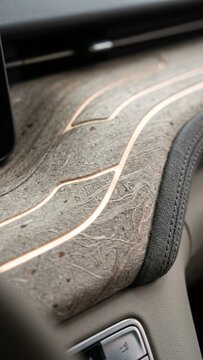 Eco friendly car interior dashboard with recycled fiber texture and warm glowing ambient lighting