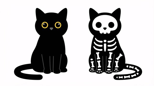 A pair of cute cartoon black cats featuring one normal kitten next to one decorated with a skeleton print