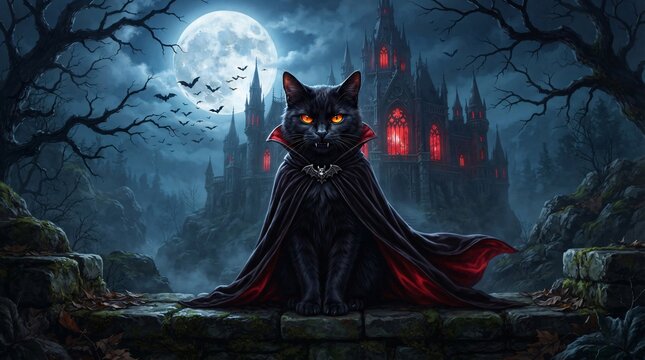 A mystical black cat vampire sits gracefully on a stone wall before a haunted gothic castle at night