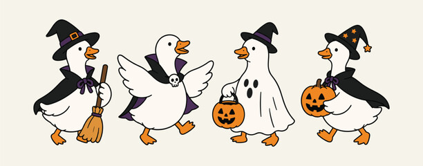 Obraz premium Set of Cute Ducks in Halloween Costumes Witch Ghost Vampire and Wizard holding Pumpkins