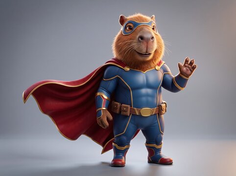 A superhero capybara wearing a blue costume, a red cape, and a mask, waving with its paw. This character looks ready for action, embodying courage and fun