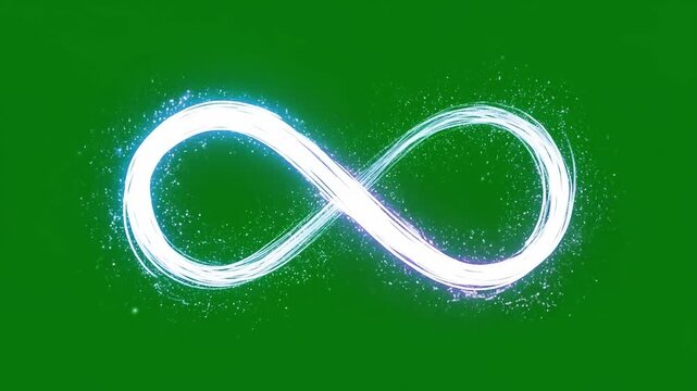 Endless loop, infinity symbol glowing white light vibrant green background, abstract circular loading animation, hope, possibility, particles, trails