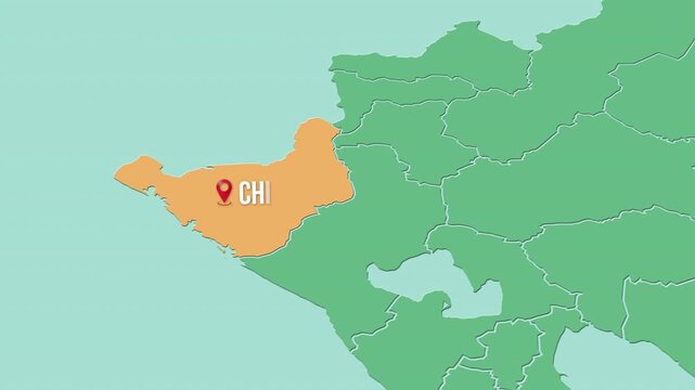 Mapa de Nicaragua con divisi&oacute;n pol&iacute;tica resaltando el departamento de Chinandega