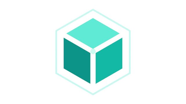 Teal geometric 3D cube rotating in hexagon vector animation