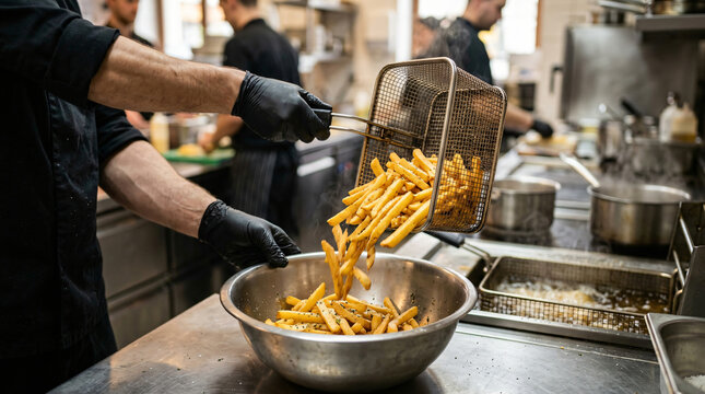 Action shot professional chef hands black gloves pouring golden crispy french fries deep fryer basket stainless steel bowl restaurant kitchen background commercial food photography scene