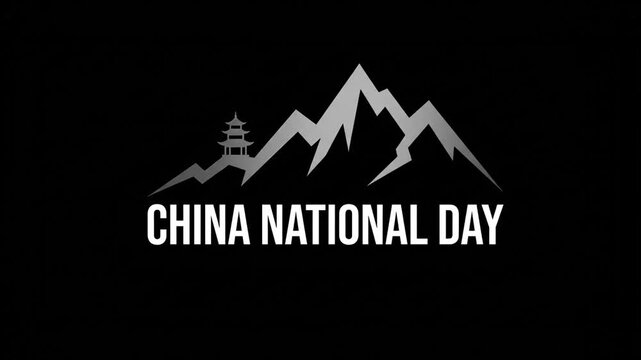 China National Day celebration typography with pagoda and mountains on black background