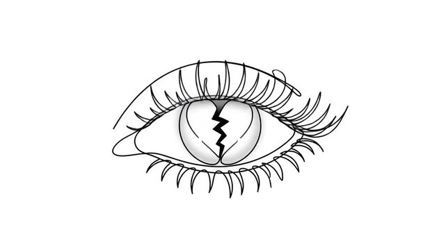 Continuous line drawing of an eye with a broken heart pupil showing emotional pain and sadness over a white background