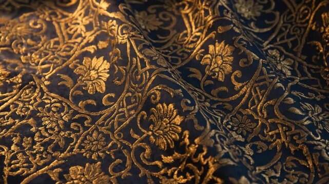 Elegant Golden Floral Embroidery on Luxury Dark Blue Velvet Fabric in Soft Folds
