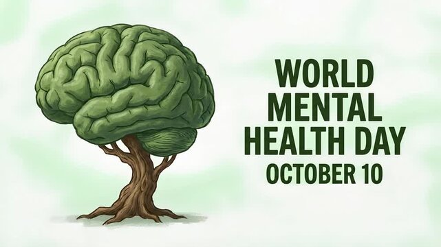 Green brain tree illustration for World Mental Health Day in October
