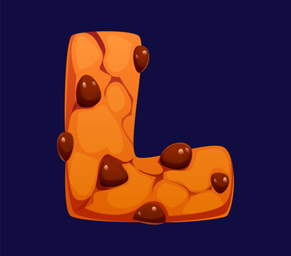 Cartoon golden brown chocolate chip cookie letter L with cracks and embedded chocolate chunks. Vibrant font for bakery branding, cafe menu designs or educational kids learning applications