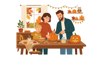 Fototapeta premium Family carving pumpkins together for autumn holiday