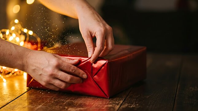 Hands wrapping a red gift box with sparkling glitter and fairy lights in the background