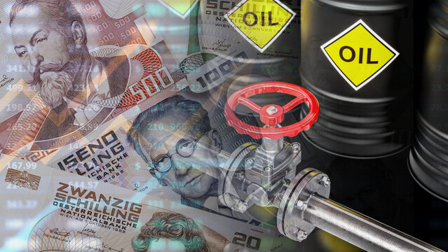 Austria oil price fluctuations, rising oil prices in Austria, investment in the energy market. Austrian schilling banknotes, industrial oil pipeline valve, financial and economic data chart.