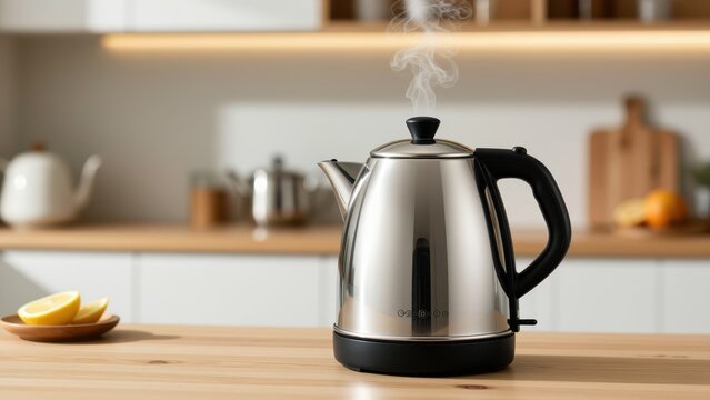 Stainless Steel Electric Kettle with Black Handle and Steam Rising on a Wooden Kitchen Counter with White Cabinet Background