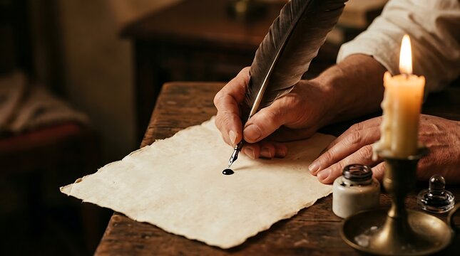 Person writing with a quill pen and ink on old parchment by candlelight