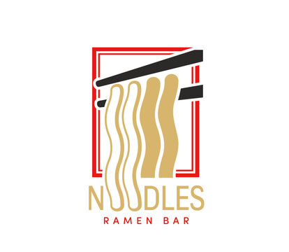 Asian ramen bar and traditional noodles icon. Vibrant emblem features stylized golden noodles held by black chopsticks inside red rectangular frame. Creative sign for oriental food delivery service