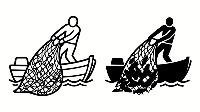 Black and white vector icons of a fisherman pulling a net from a boat.