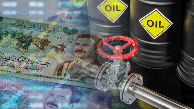 Iraq oil market trends and dinar currency valuation, rising global energy costs, financial trading concept. Iraqi dinar banknotes featuring Saddam Hussein, industrial pipeline valve, stock market 