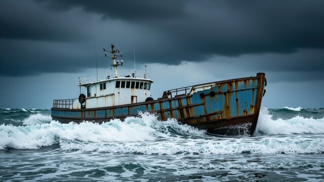 Rusty fishing boat navigating rough stormy sea with dark storm clouds overhead, emphasizing maritime industry, weather challenges, and navigation risks