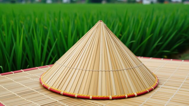 Traditional Asian conical bamboo hat placed on a woven mat with green rice field in the background, vibrant colors, cultural accessory, outdoor setting