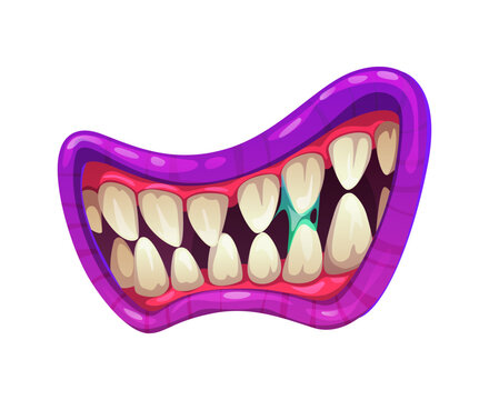 Cartoon monster mouth with sharp white teeth and blue dripping slime saliva. Scary purple evil grin with vampire fangs, red gums, pink lips, and drool for Halloween holiday. Vector demon character