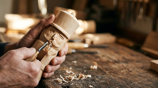 Artisan carves wooden nutcracker figure with chisel on workbench