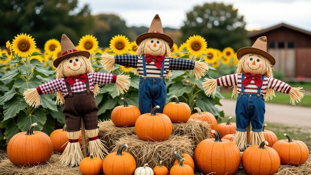 Decorative autumn scene with straw scarecrows, colorful pumpkins, sunflower field, and rural landscape for seasonal celebration or farm display