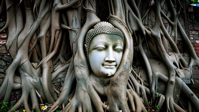 Close-up of a serene Buddha head sculpture intertwined with tree roots, detailed carvings, natural tones, outdoor setting, harmonious blend of nature and art