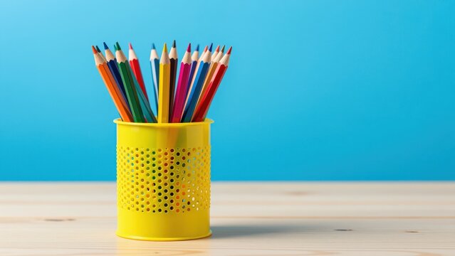 Colorful colored pencils in a yellow perforated pen holder on a wooden surface with a blue background, artistic supplies, stationery, craft supplies, drawing tools, school supplies