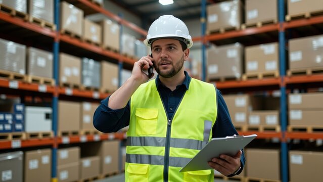 Warehouse Worker in Safety Vest and Helmet Using Mobile Phone and Holding Clipboard for Inventory Management