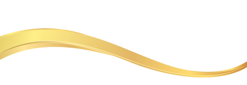 Golden stripe wave on white background. Elegant footer divider features smooth flowing ribbon with metallic gradients, subtle shadows and glossy yellow reflections. Luxury golden wave for certificates