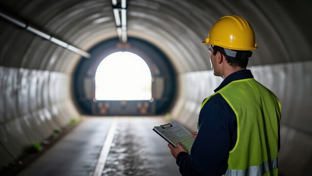 Male engineer or construction worker wearing a yellow safety helmet and high-visibility vest standing in a tunnel, examining documents or blueprints for infrastructure or construct