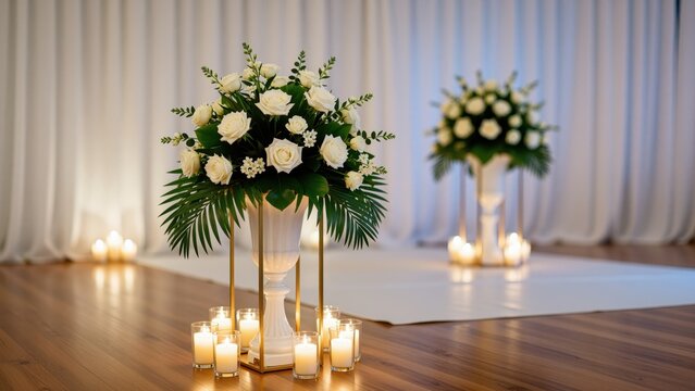 Elegant wedding floral centerpiece with white roses and green foliage on gold stand, with candles and soft background lighting for romantic event decoration