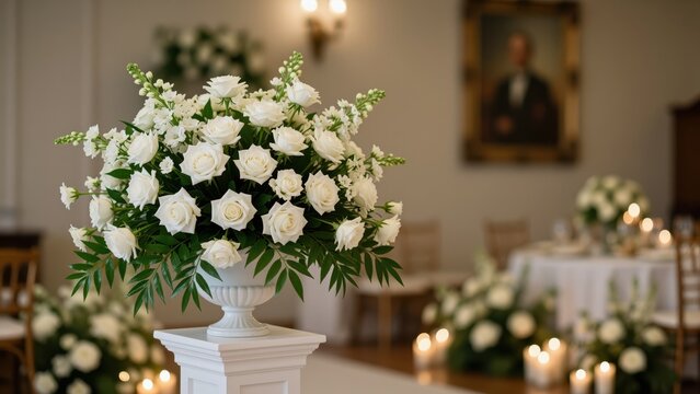 Elegant floral centerpiece with white roses and greenery in a classic white vase, suitable for wedding decor or formal event settings