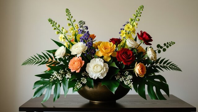 Elegant floral arrangement with colorful roses, lilies, and greenery in a dark bowl, ideal for wedding or event decoration and interior design