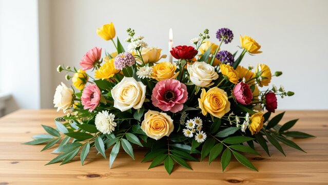 Colorful floral arrangement with roses, daisies, and other mixed flowers on a wooden table, vibrant spring or summer decoration, elegant natural display