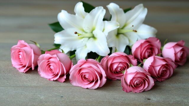 White lilies and pink roses floral arrangement on wooden surface for romantic or wedding decoration